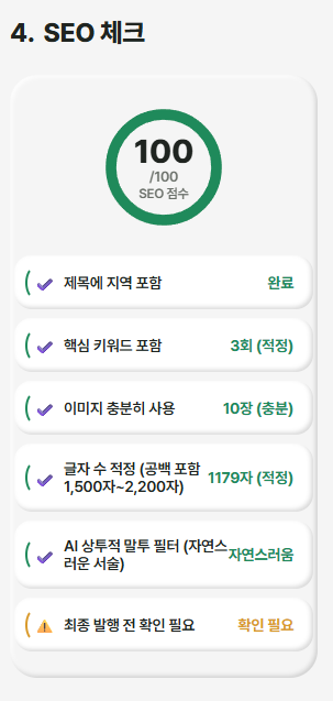 실제 프로그램 화면 — SEO 체크 패널에서 100점을 받은 화면